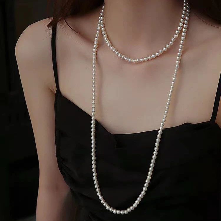不锈钢项链 施家新中式多层叠戴长款珍珠项链女士毛衣链轻奢颈链