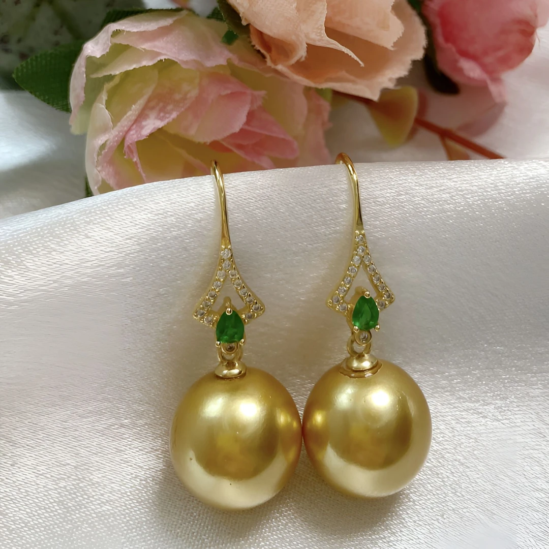 非金属仿珍珠耳饰 14mm金色母贝珠镶绿耳钩时尚大气优雅气质镶嵌