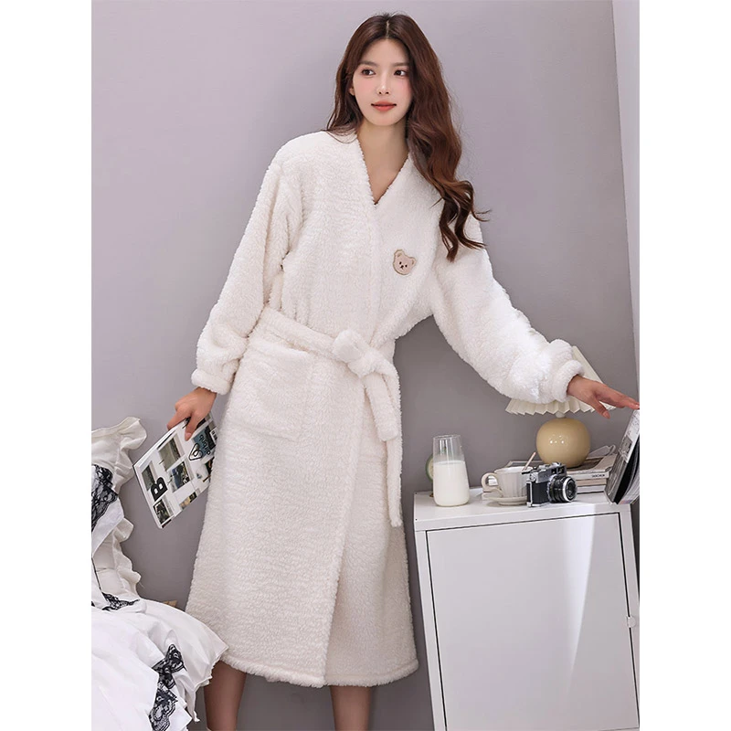 睡衣女秋冬季珊瑚绒睡袍长款浴袍春秋加厚加绒法兰绒家居服可外穿