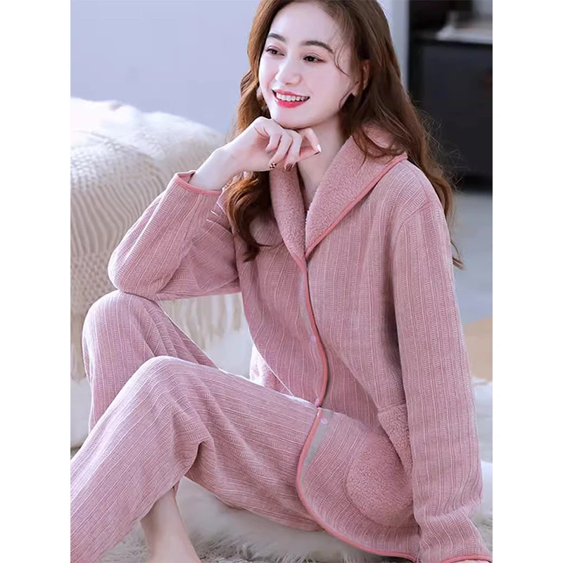 雪尼尔睡衣女冬季加厚珊瑚绒家居服套装法兰绒加绒保暖可外穿春秋