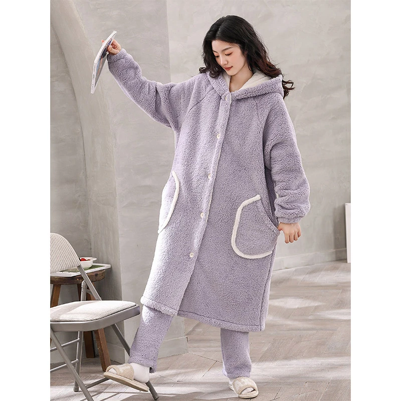 睡衣女秋冬季珊瑚绒加绒加厚法兰绒睡袍2022年新款长款家居服套装