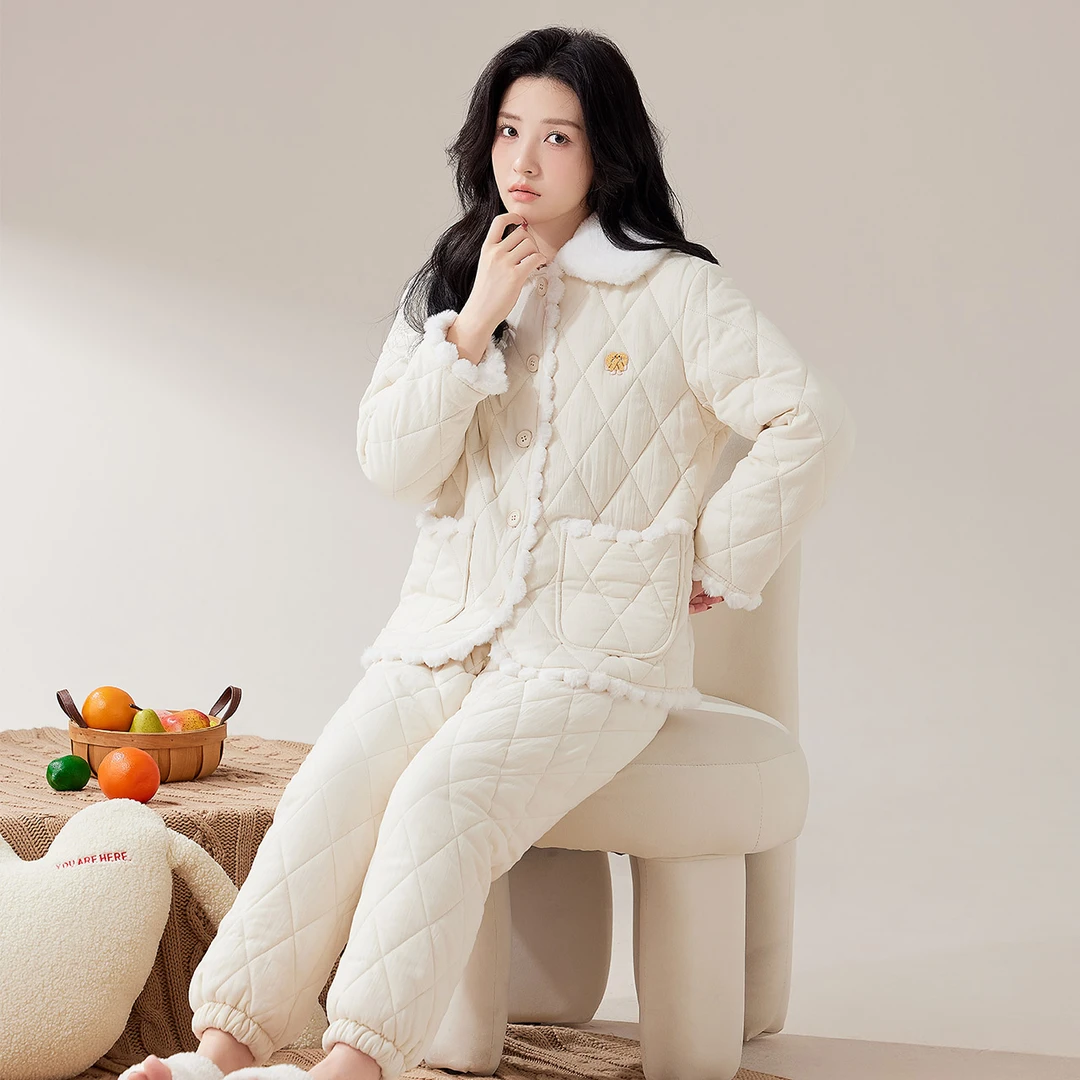 女士夹棉睡衣三层保暖冬季家居服加厚锁温保暖珊瑚绒两件套可外穿