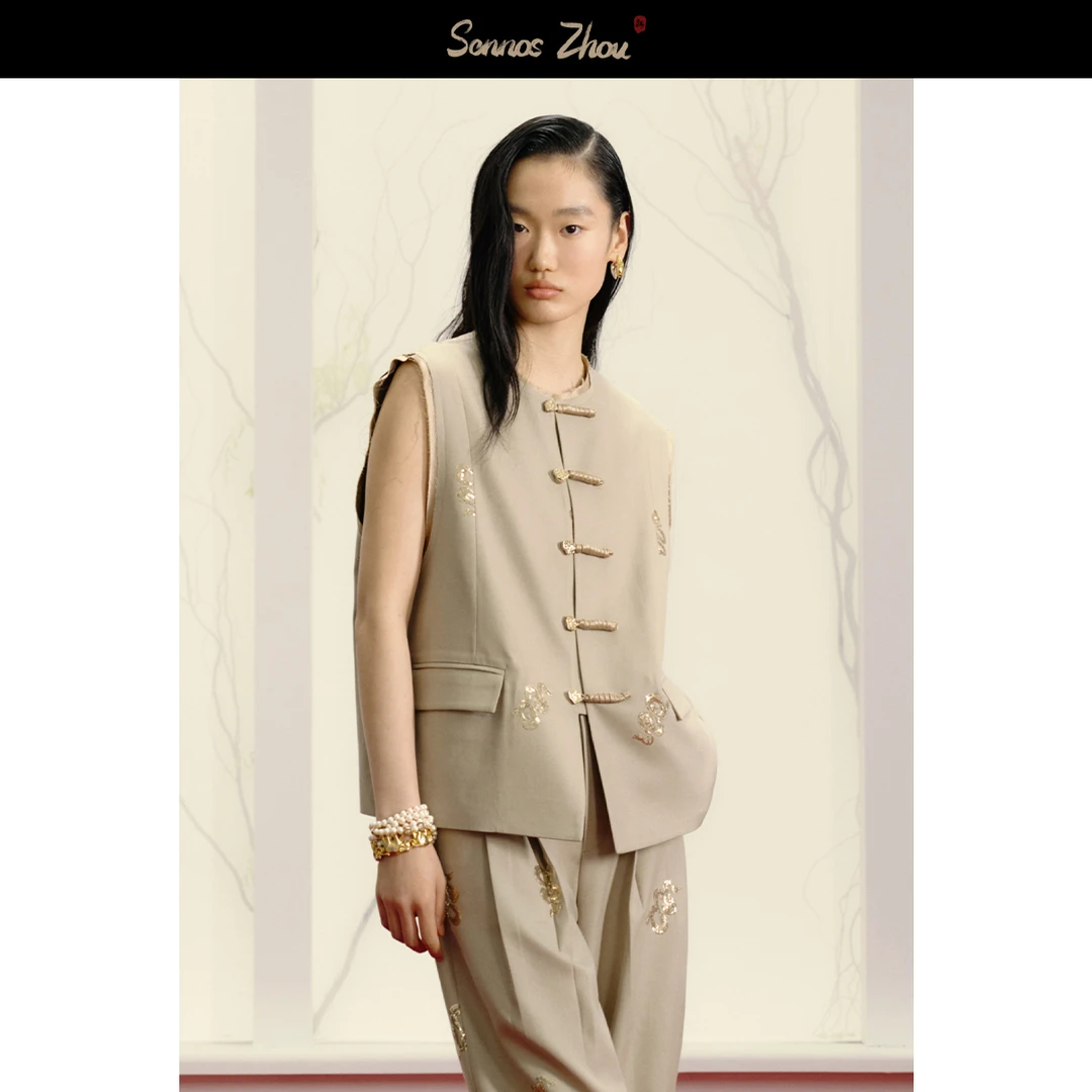 sennoszhou满绣腾龙圆领须边中式马甲C412004