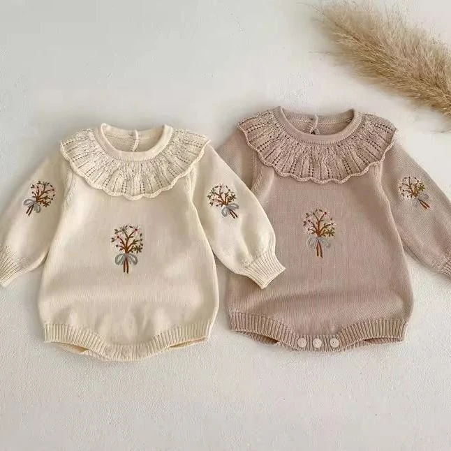 新款2024婴儿秋季新款针织荷叶领长袖包屁衣女宝宝毛衣连体衣爬服