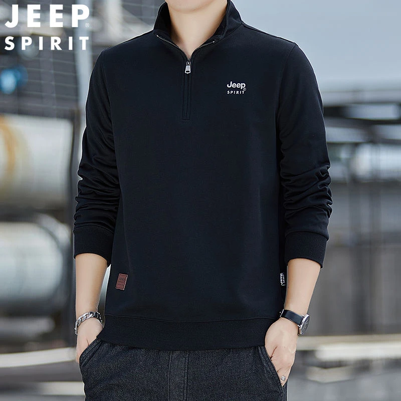 JEEP吉普卫衣男2023春秋薄款冬季加绒加厚刺绣大码纯色半拉链立领