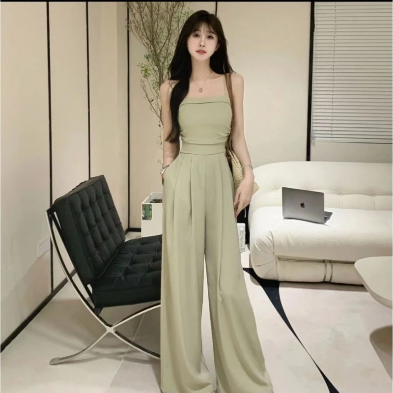 【现货现发】法式高级感气质显瘦时尚高腰垂感吊带阔腿连衣裤女