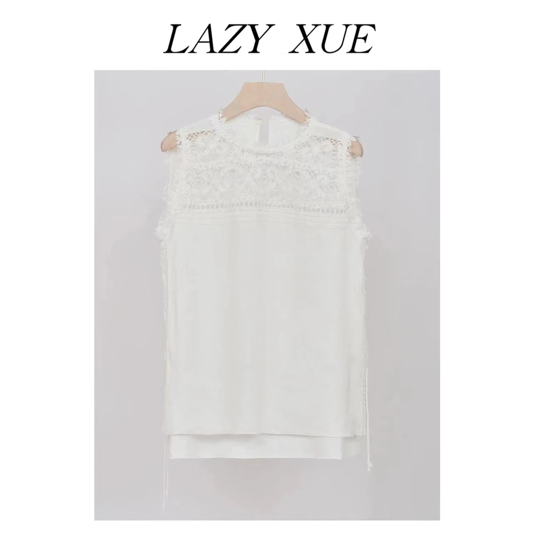 LAZYXUE100亚麻纯色无袖抽绳蕾丝宽松显瘦背心上衣 YM001