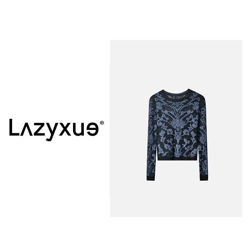 LAZYXUE薛懒懒（D家）羊绒细驼毛绒花卉提花蓝色花纹针织衫 23191
