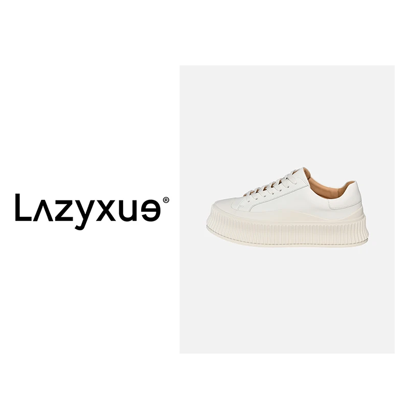 LAZYXUE饼干鞋女厚底真皮小白鞋女系带增高松糕白色板鞋090#