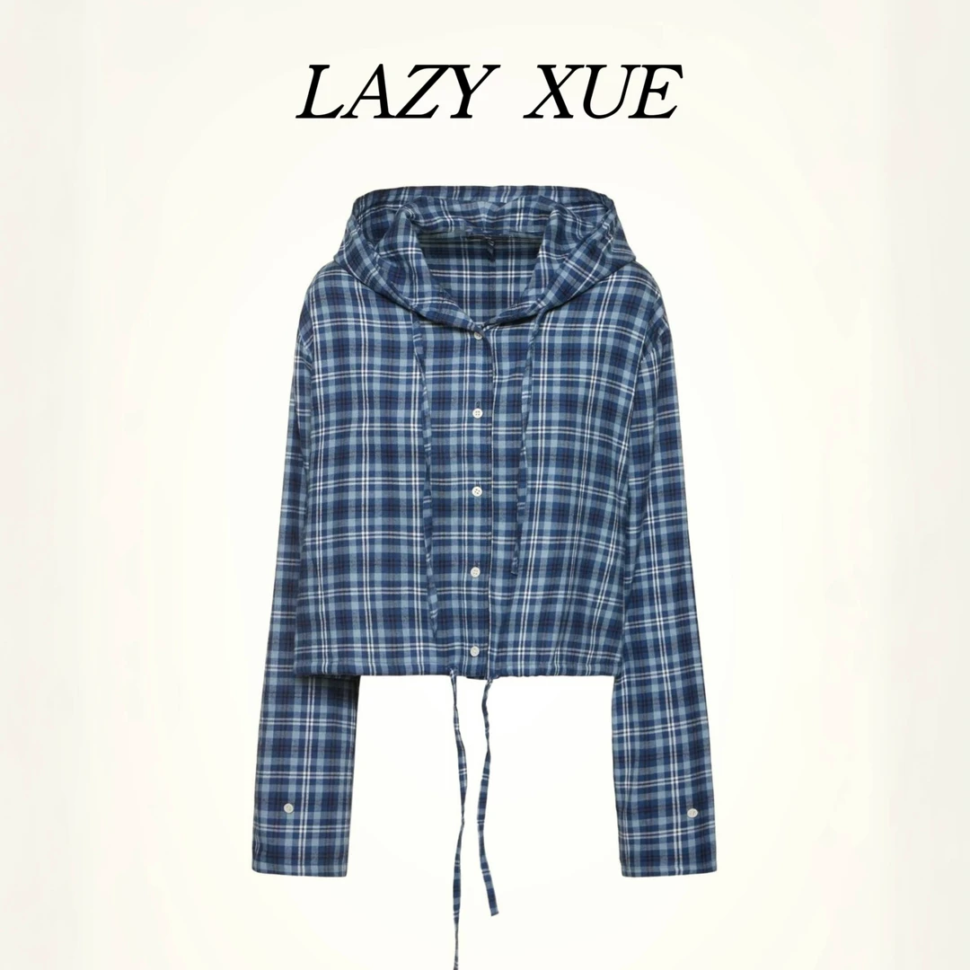 LAZYXUE“极蓝海湾”磨毛色织格纹抽绳连帽衬衫     24323