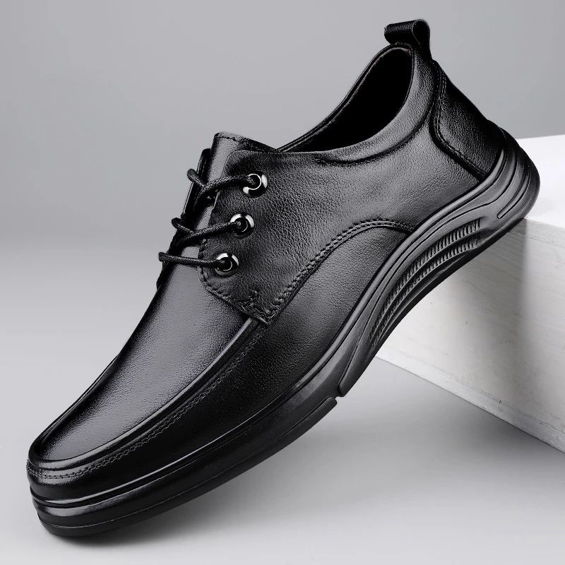 春季皮鞋男新款时尚百搭通勤男士休闲鞋子英伦风系带高档黑色男鞋