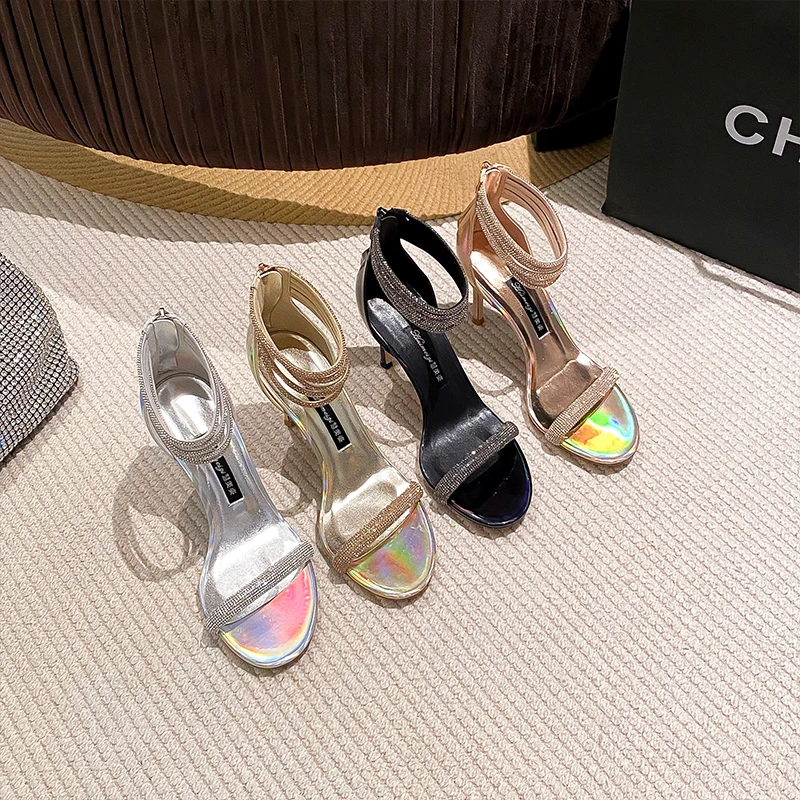 2025夏新款网红仙女风一字带高跟细跟水钻时尚百搭法式少女凉鞋子