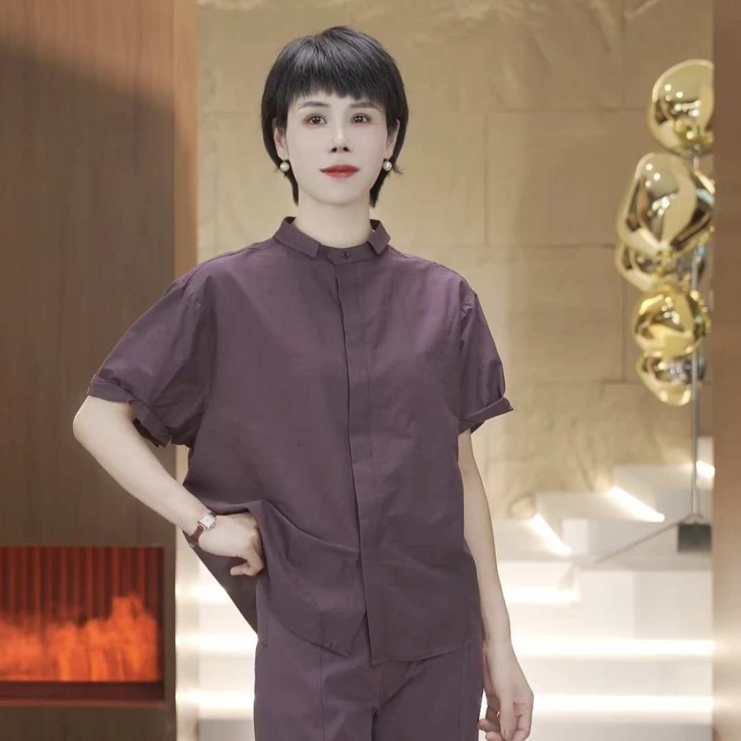 【渲渲推荐】CC-TT01夏季中式时尚花瓶领口休闲纯色紫色衬衣