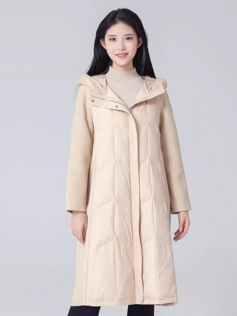 时尚休闲连帽拼接白鸭绒中长双面拼接羽绒服M395