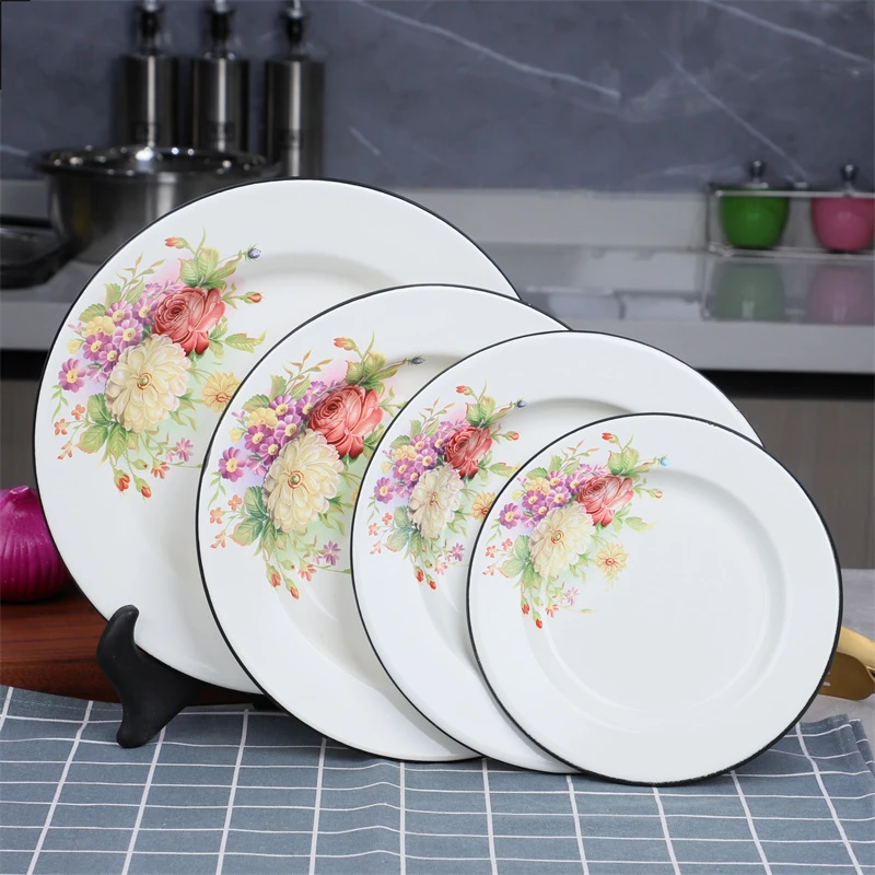 特厚搪瓷圆盘珐琅瓷釉盘子搪瓷菜碟西餐盘圆形盘平盘家用盘蛋糕盘