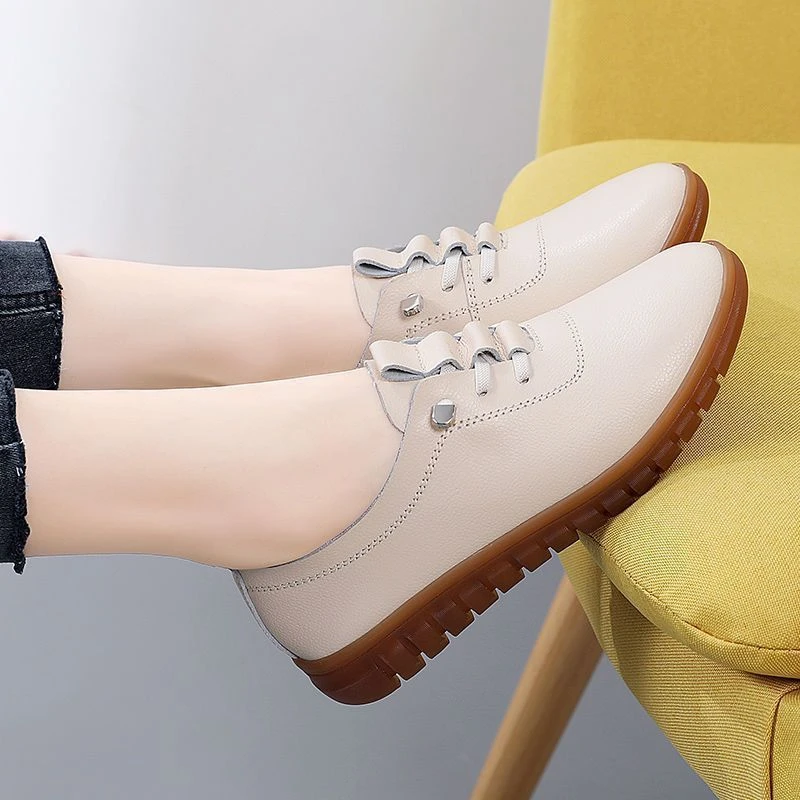 妈妈鞋春秋新款牛筋底乐福鞋软底软皮中年女鞋平底休闲一脚蹬皮鞋