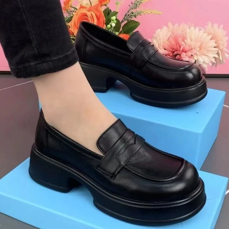 乐福鞋女2023新款圆头厚底软皮女鞋复古春秋英伦风平底一脚蹬皮鞋