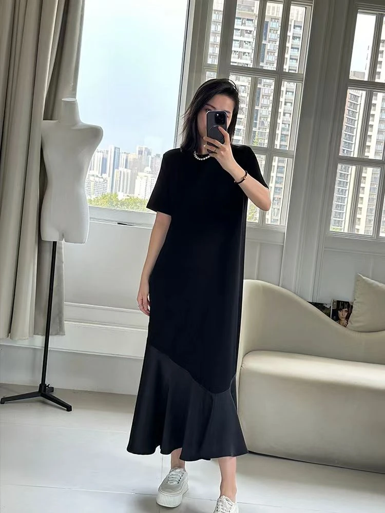 高级感鱼尾拼接连衣裙女夏季新款宽松显瘦微胖穿搭法式气质长裙