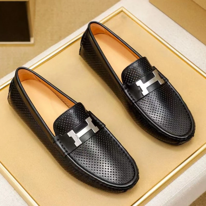 欧洲站真皮夏季新款男鞋一脚蹬豆豆鞋网眼冲孔透气舒适男士驾车鞋
