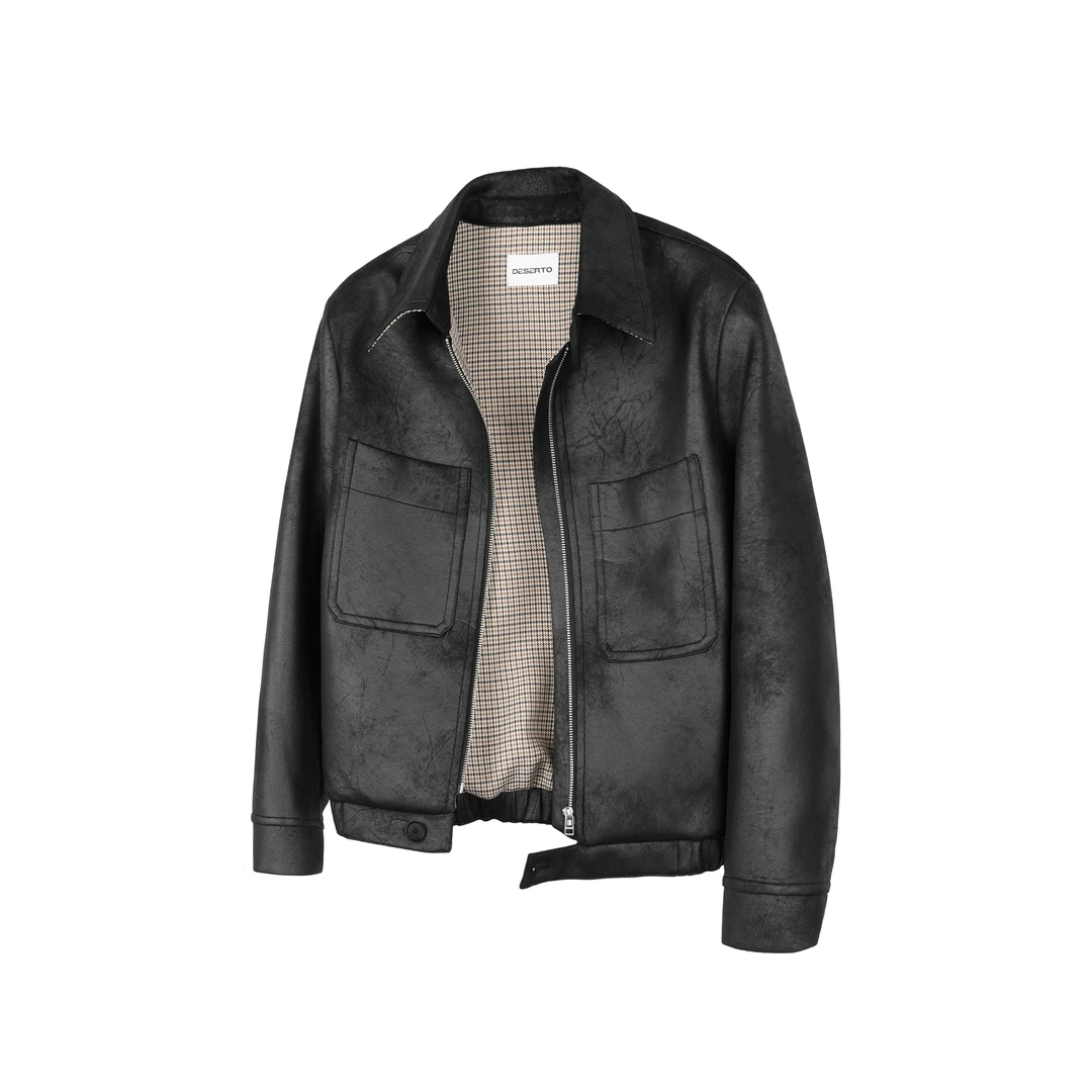 DESERTO 霜冻裂纹千鸟格内里PU皮猎装皮衣