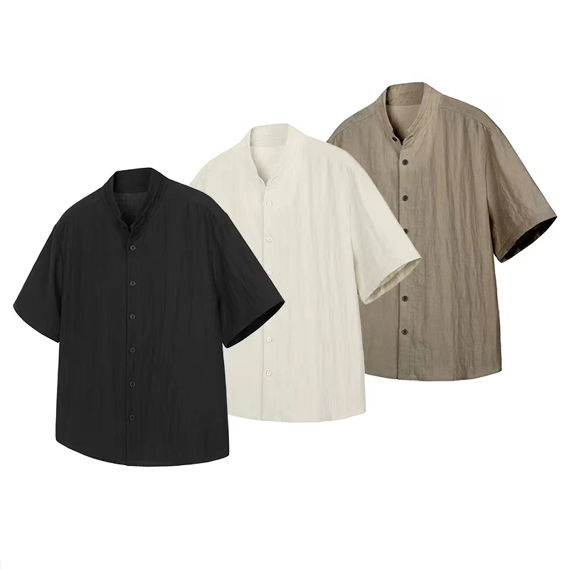 DESERTO 亚麻混纺新中式立领短袖衬衫火烧果实扣