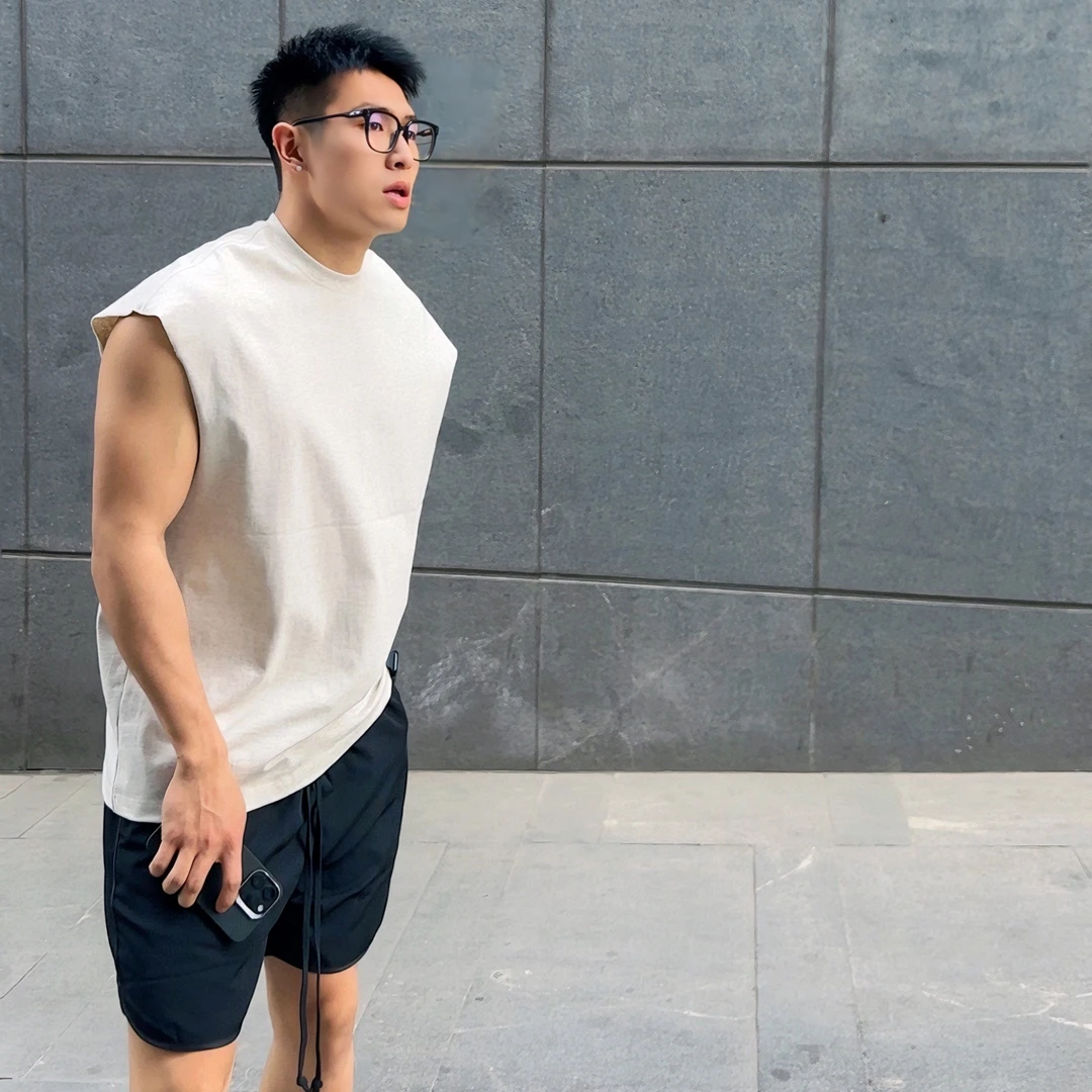 DOUBLE ME2024春夏重磅305G大地色无袖背心欧美ins街头宽松坎肩