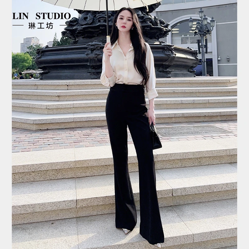 琳工坊清尘黑色微喇裤时尚通勤优雅显瘦休闲老钱风女装唐琳设计师