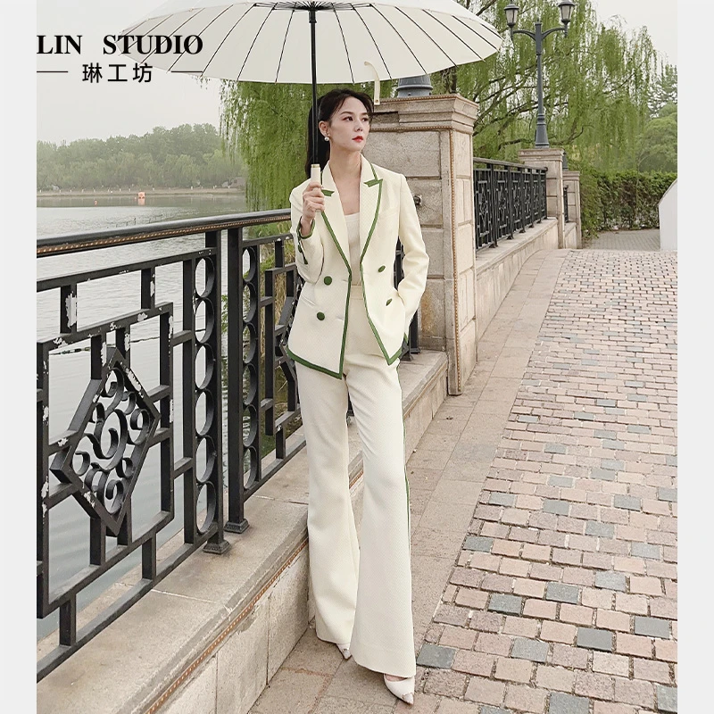 【外套】琳工坊绿絮米色拼绿色上衣气质显瘦女装通勤职场唐琳设计师