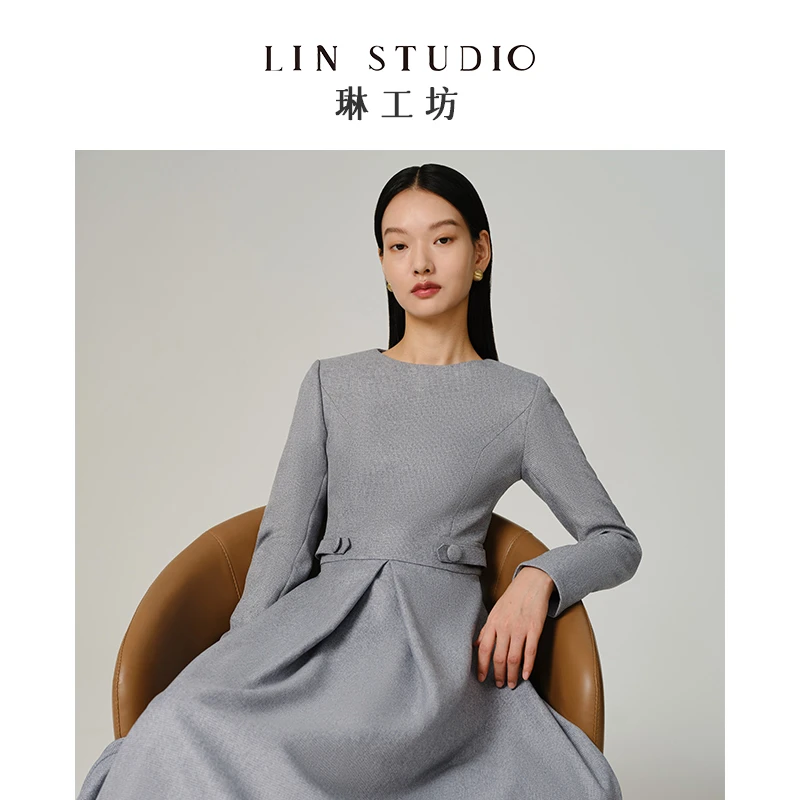 琳工坊墨烟灰蓝色连衣裙优雅气质温柔千金新款大衣内搭仙女唐琳