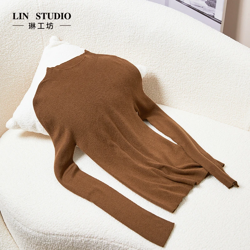 棕咖色山羊绒桑蚕丝18针3D无缝琳工坊煦浅半高领保暖针织衫唐琳