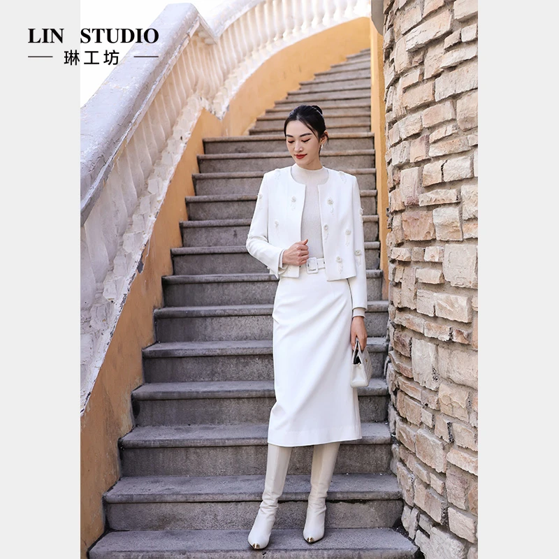 【含腰带】琳工坊梅似白色半裙时尚优雅洋气春季新款唐琳设计师