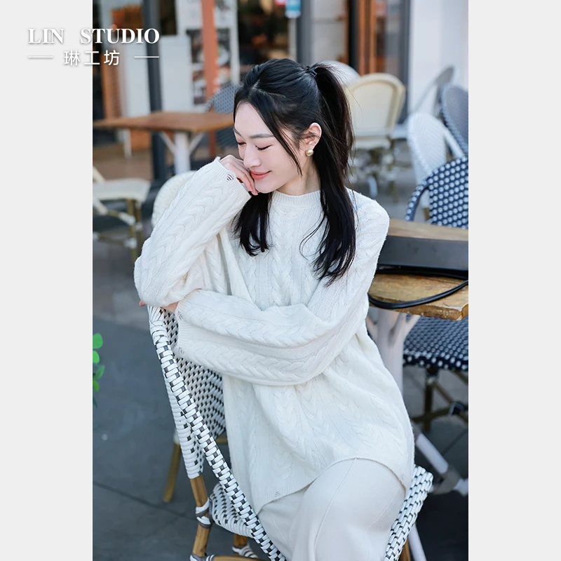【上衣 山羊绒+绵羊毛】琳工坊迁莺白色针织衫毛衣气质宽松唐琳设计