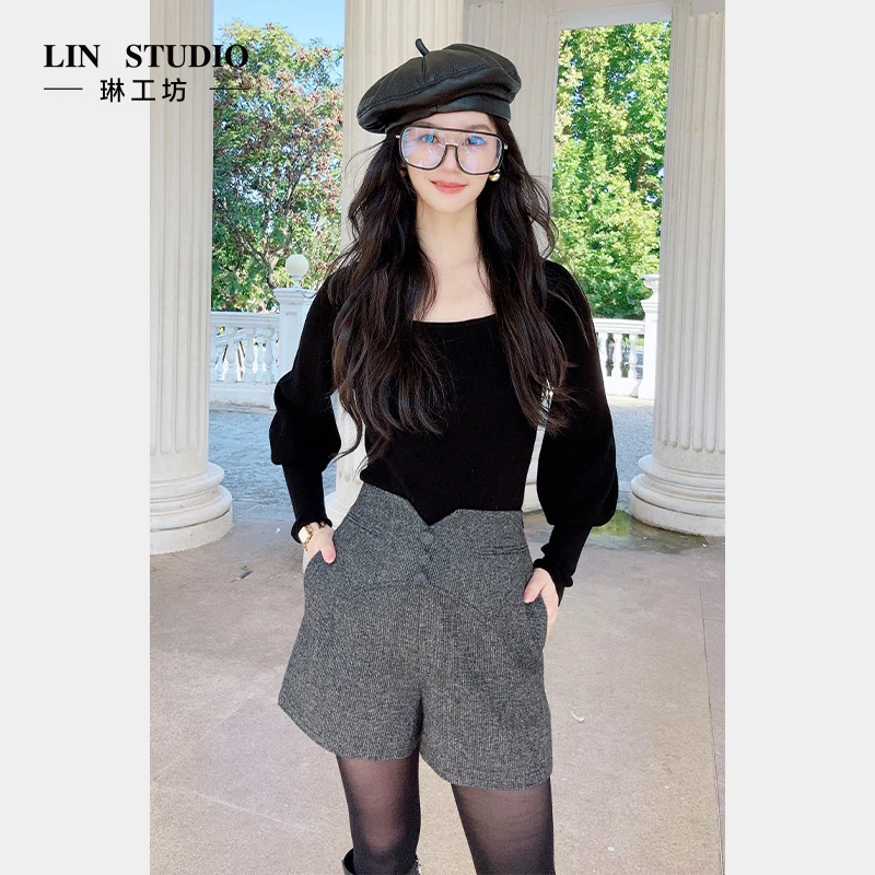 【绵羊毛】琳工坊霏烟黑色短裤休闲时尚气质老钱风春款款唐琳设计师