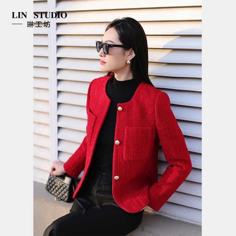 【绵羊毛】琳工坊红玉红色小香风外套气质优雅千金风唐琳设计师