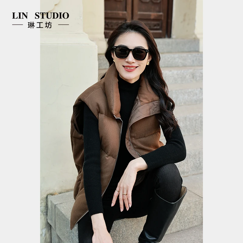 【95级别白鹅绒】琳工坊纱雨棕咖色羽绒马甲时尚休闲保暖冬装唐琳