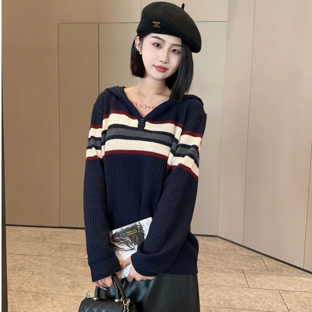 FEIDU妃度绵羊毛连帽针织百搭慵懒风秋冬纯色外穿拼色显瘦6226