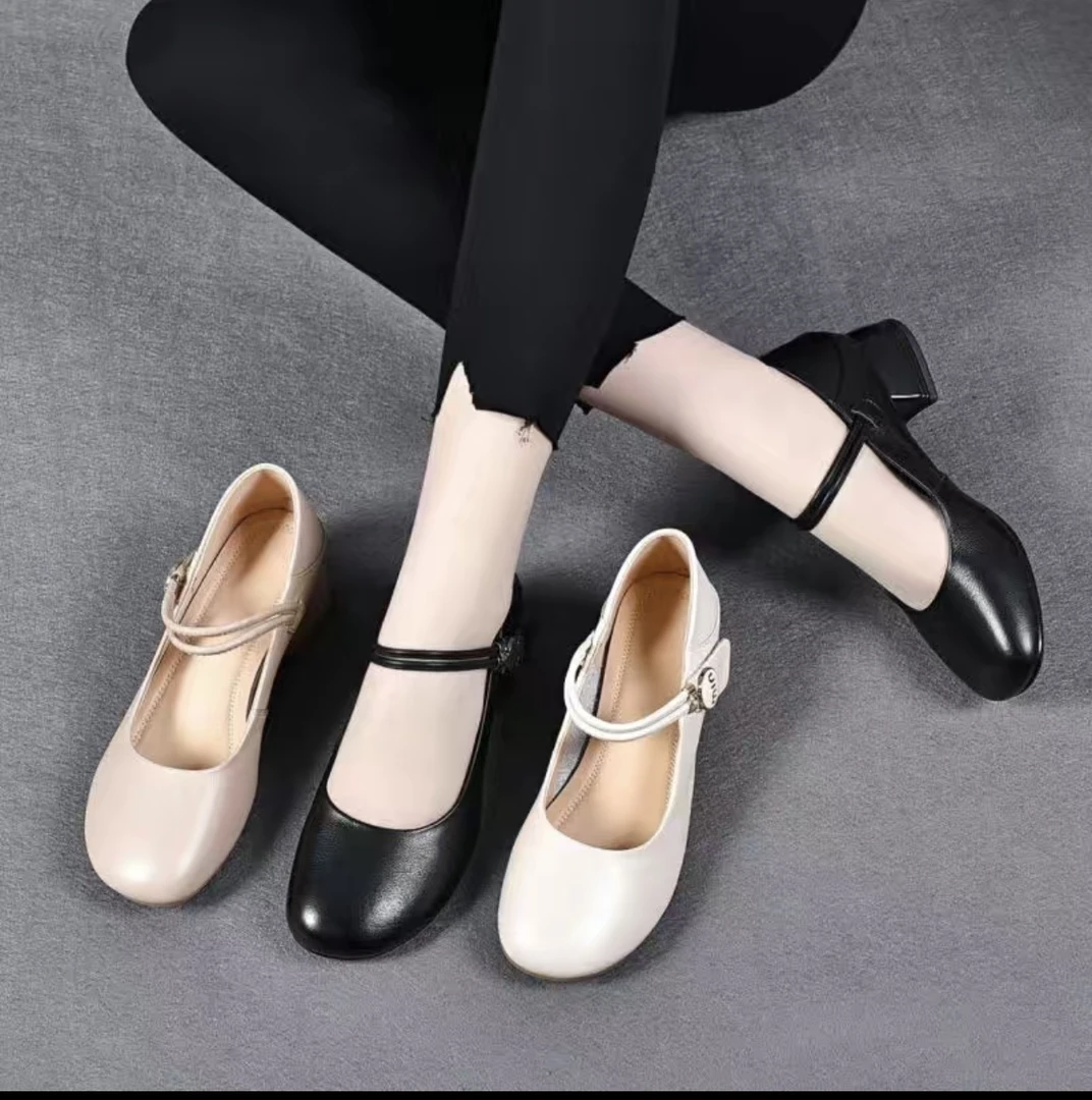 【翘颜品牌】百搭软底软皮防滑时尚浅口圆头女鞋平底方跟小皮鞋367