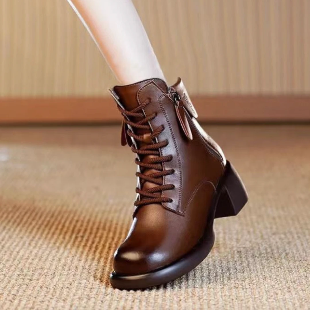 24秋冬新款软皮软面英伦风百搭时尚粗跟复古圆头女马丁靴加绒710