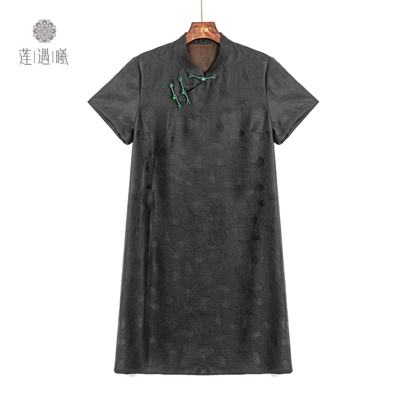 莲遇曦原创 桑波缎.银杏叶短旗袍桑蚕丝女装24A90-D0