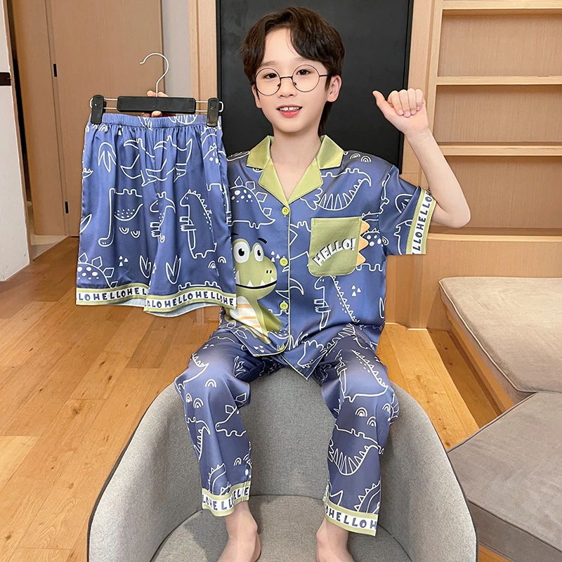 儿童睡衣夏季薄款男童冰丝短袖三件套8-15岁中大童男孩卡通家居服