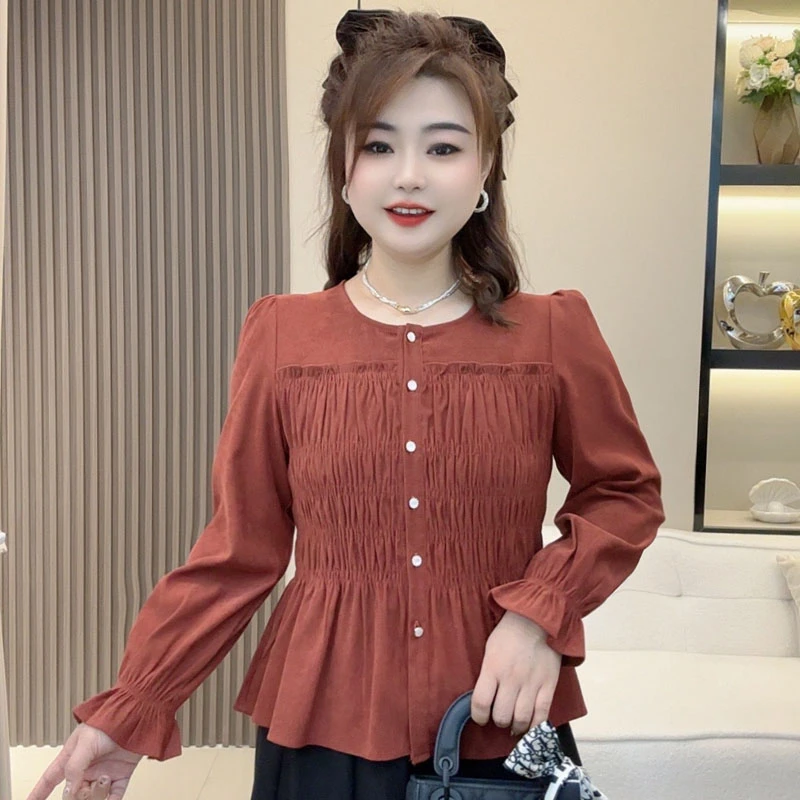 2025新款春季大码女装衬衫时尚休闲胖mm褶皱气质减龄宽松显瘦上衣