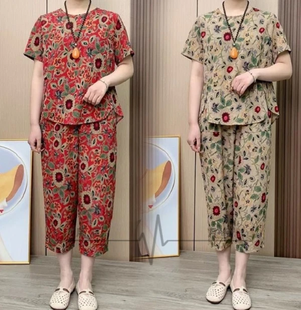 中老年妈妈装夏季新款短袖印花套装时尚宽松显瘦薄款两件套