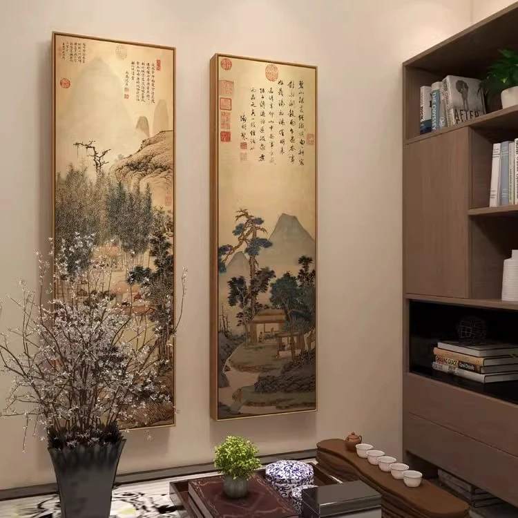 新中式挂画客厅玄关复古装饰画山水人物壁画书房茶室背景墙国画