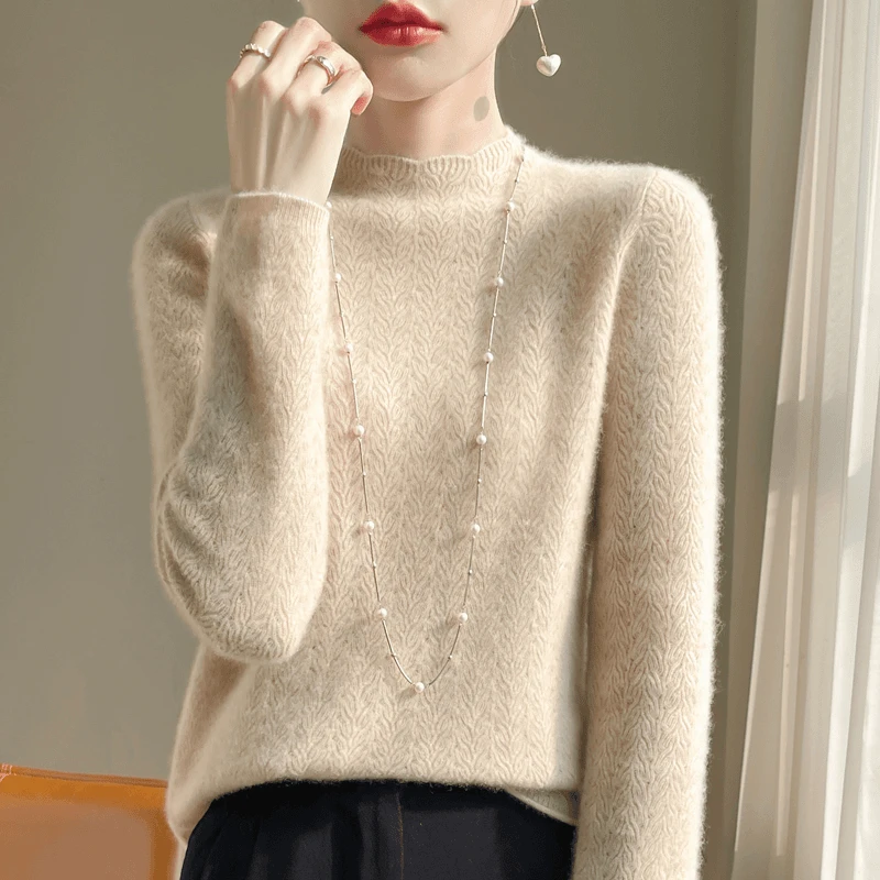 日色欲尽花含烟~秋冬新款纯羊毛半高领花边镂空羊毛衫女 DMR-289