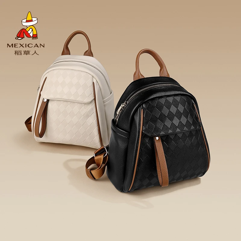 稻草人双肩包流行撞色百搭通勤包休闲旅行高级质感复古背包230232