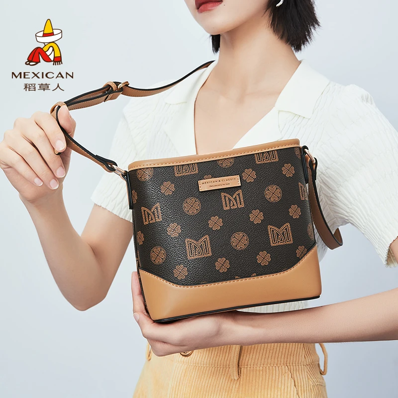 稻草人官方正品新款女士包包时尚撞色设计单肩包斜挎包水桶包通勤