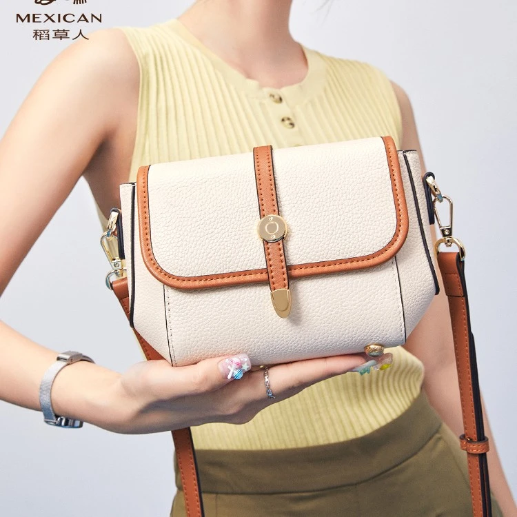 稻草人2023春夏新款头层牛皮撞色单肩斜挎女士包包轻奢真皮小包包