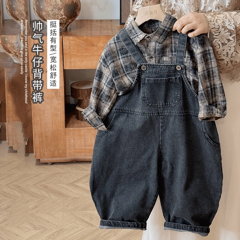 萌酷~韩版春秋季新款男女童软糯牛仔背带裤帅气潮儿童宝宝连体裤