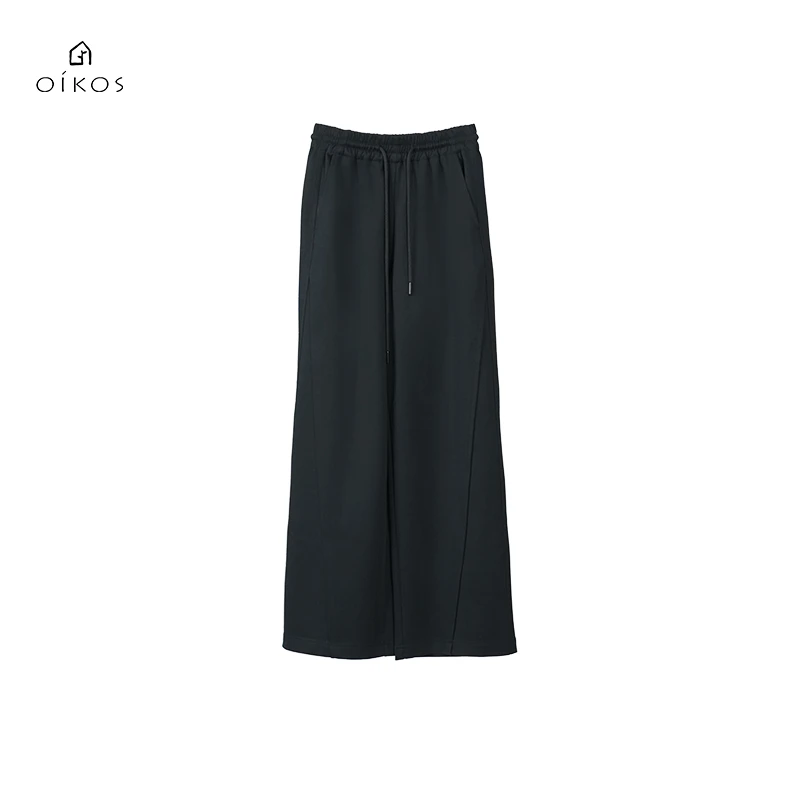 OIKOS女装休闲百搭时尚潮流纯色宽松春秋高腰直筒卫裤5H10F4086