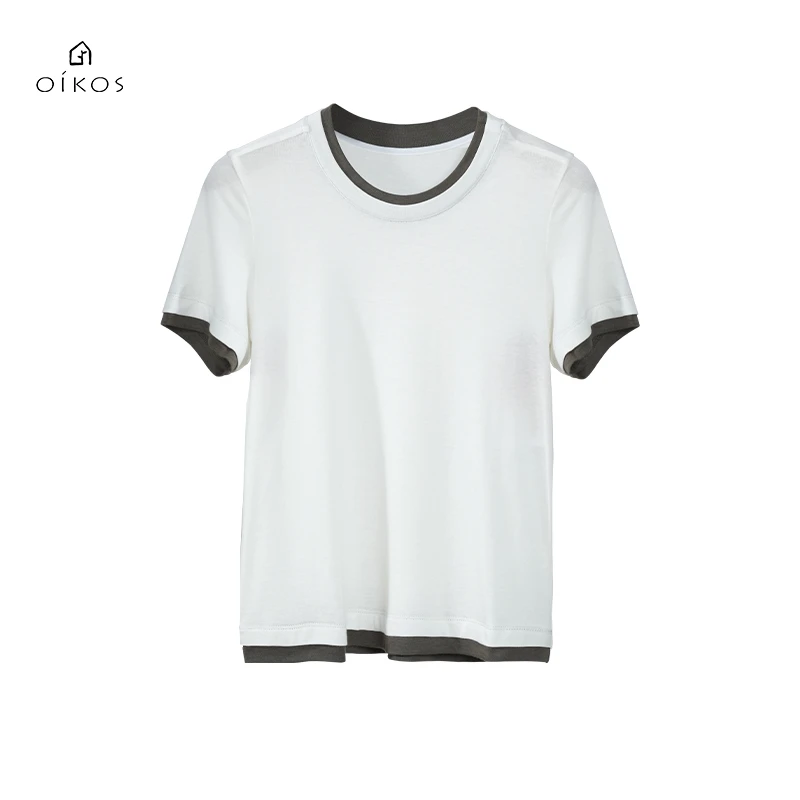 OIKOS女装休闲夏季简约撞色百搭天丝细羊毛透气舒适T恤5H20A4011